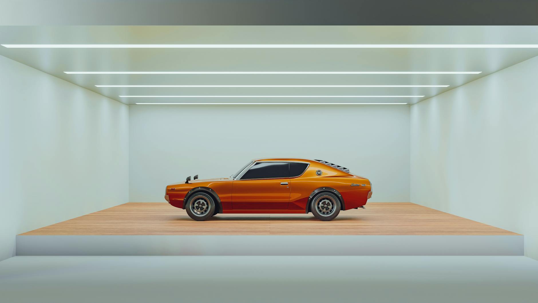Ilustrasi: A classic orange car displayed in a minimalist indoor showroom with modern lighting.