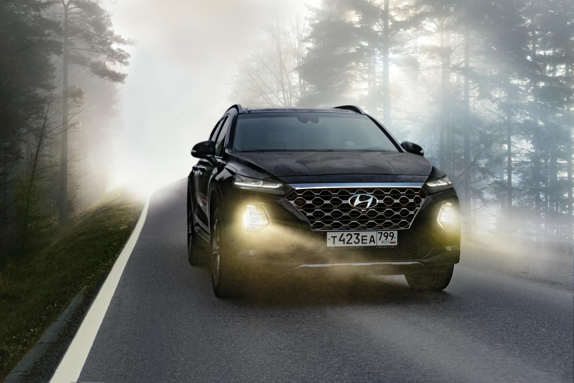 Ilustrasi: Black SUV driving on a misty forest road with headlights on, creating a dramatic scene.
