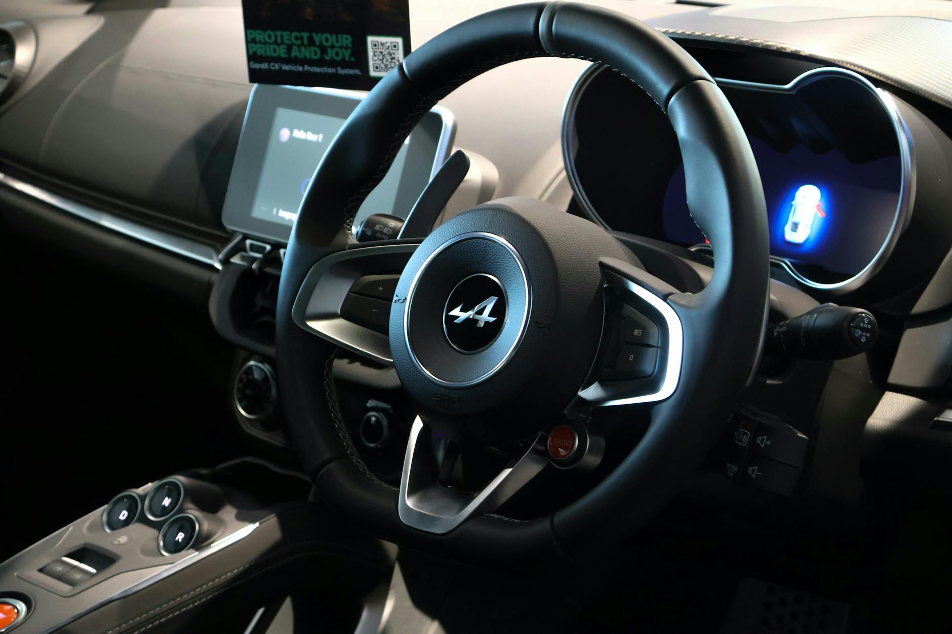 Ilustrasi: Explore the luxurious interior of a high-end supercar focusing on the sleek steering wheel and dashboard.