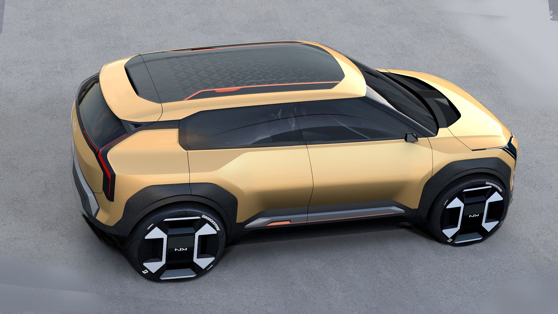 Ilustrasi: Futuristic gold concept car design showcasing modern electric vehicle features.